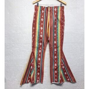 Lucky & Blessed Red Tribal Print Bell Bottom Jeans Size L Boho Flare Leg Stretch